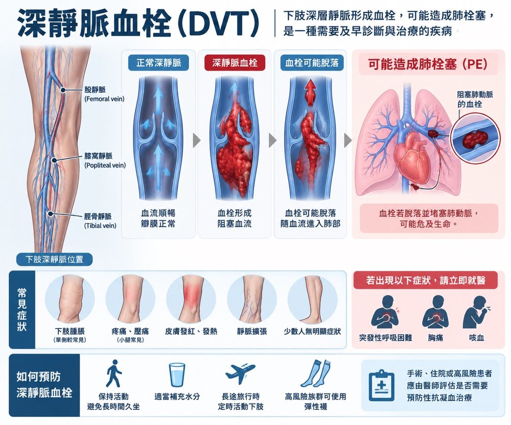 深靜脈血栓（DVT）衛教圖：說明下肢深靜脈血栓形成到血栓脫落造成肺栓塞（PE）的過程、股靜脈/膝窩靜脈/脛骨靜脈位置、下肢腫脹疼痛發紅等常見症狀、突發呼吸困難胸痛咳血等警示症狀，以及保持活動、補充水分、旅行時活動下肢、穿彈性襪等預防方法。