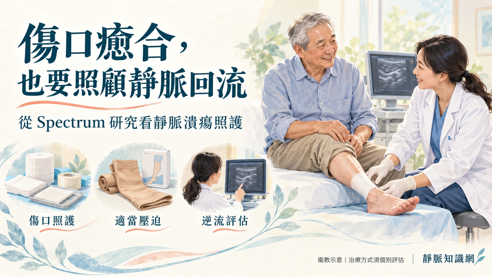 醫療人員照護長者的小腿傷口，搭配傷口照護、適當壓迫與靜脈逆流評估的衛教示意插畫。
