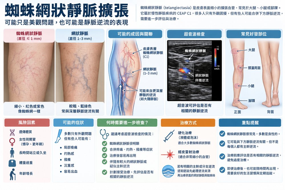 蜘蛛網狀靜脈與網狀靜脈、靜脈逆流、超音波檢查及治療示意圖