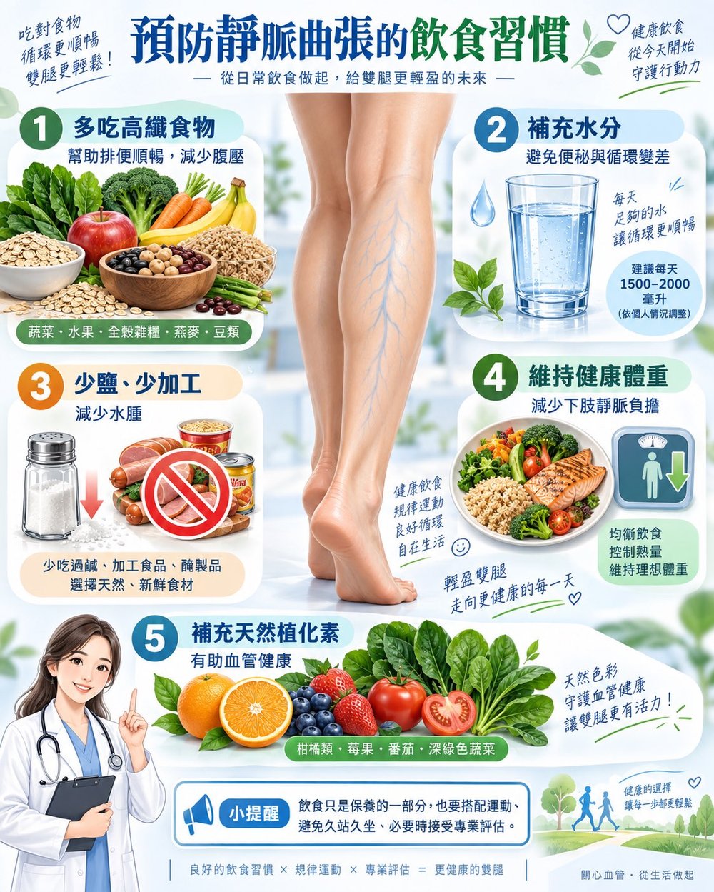 預防靜脈曲張的飲食習慣圖解：1 多吃高纖食物幫助排便、減少腹壓；2 補充水分（每天約1500-2000毫升）避免便秘與循環變差；3 少鹽少加工減少水腫；4 維持健康體重減少下肢靜脈負擔；5 補充天然植化素（柑橘、莓果、番茄、深綠色蔬菜）有助血管健康。